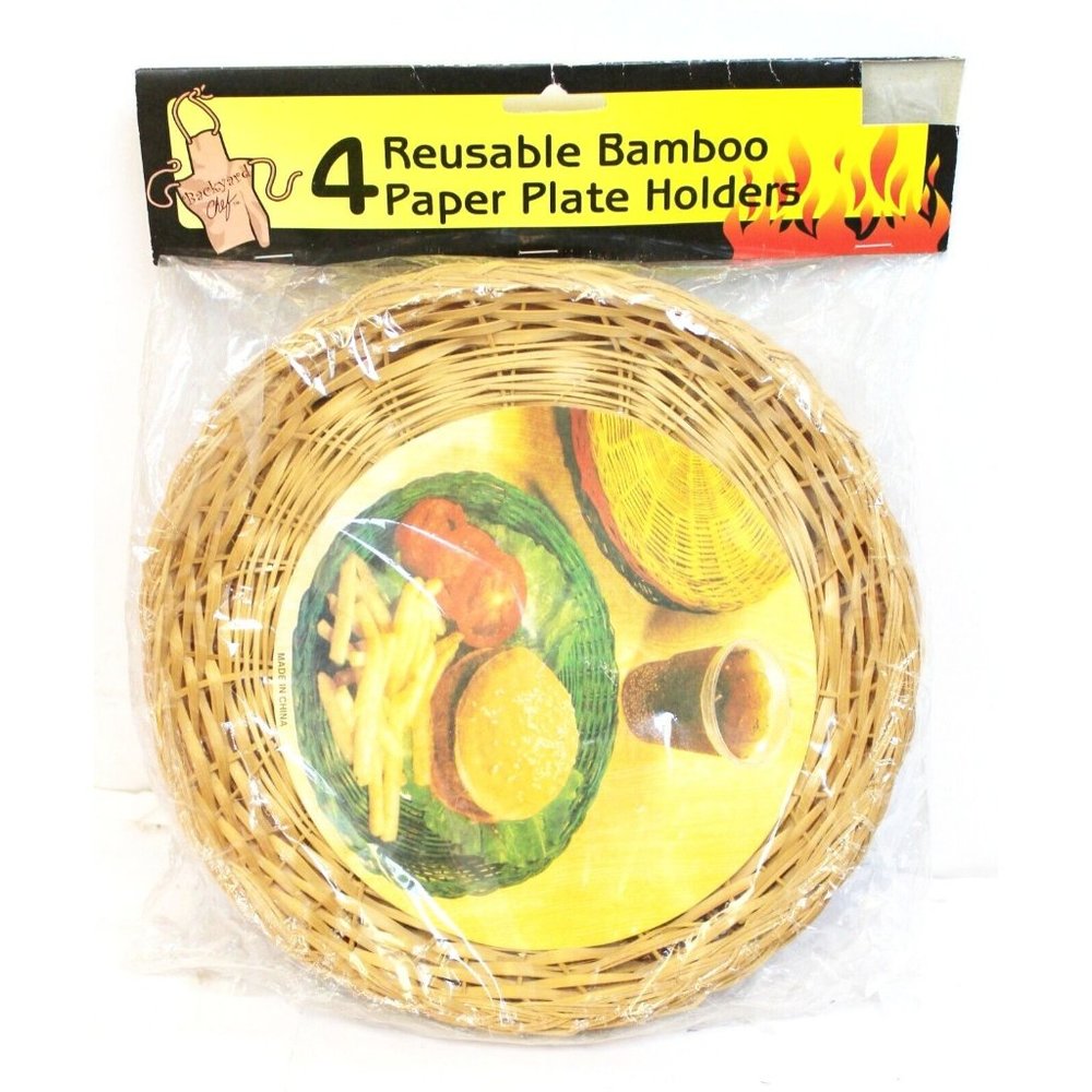 Vtg 80s 90s NEW Backyard Chef 4 Reusable Bamboo Paper Plate Holder Wicker Picnic
